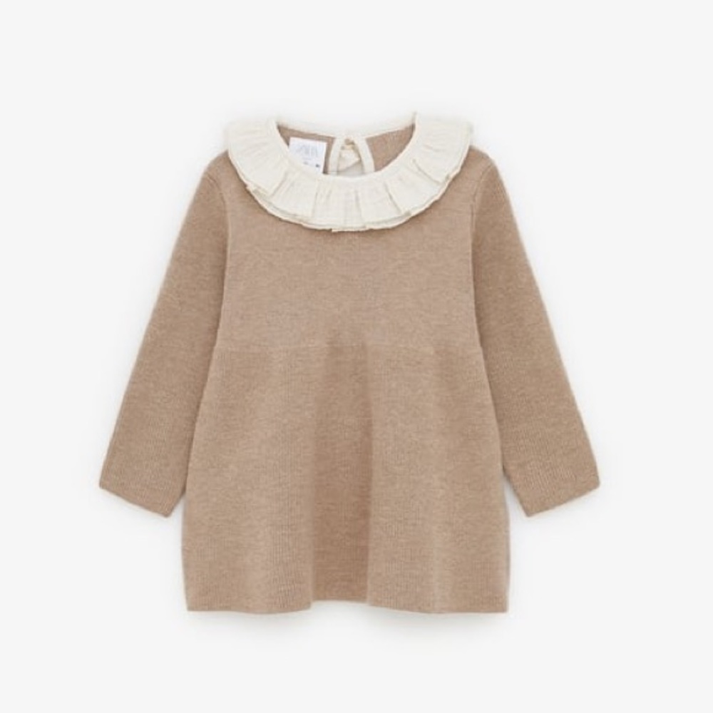 New (Never Worn) ZARA Ruffled Knit Dress in Light Camel, Size: 12 - 18 Months